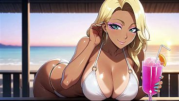 Tanned Gyaru Anime Babe Sunbathing in Beach Cabana Video